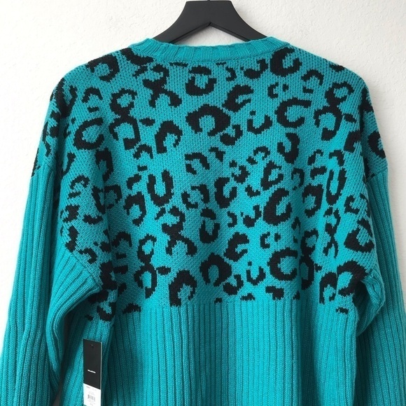 New! Nine West Leopard Cheetah Chunky Knit Ribbed Teal Black Crewneck Sweater - Picture 6 of 10